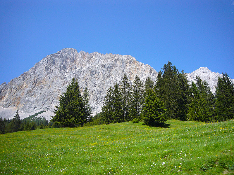 Oberhalb von Ehrwald gr&uuml;&szlig;t die Zugspitze von der Seite
