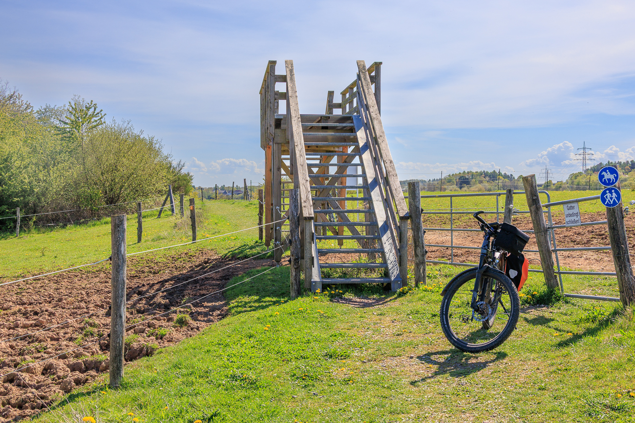 Wer das Fahrrad nicht &uuml;ber die Br&uuml;cke tragen m&ouml;chte muss durch das Gatter zu den wilden Tieren ...